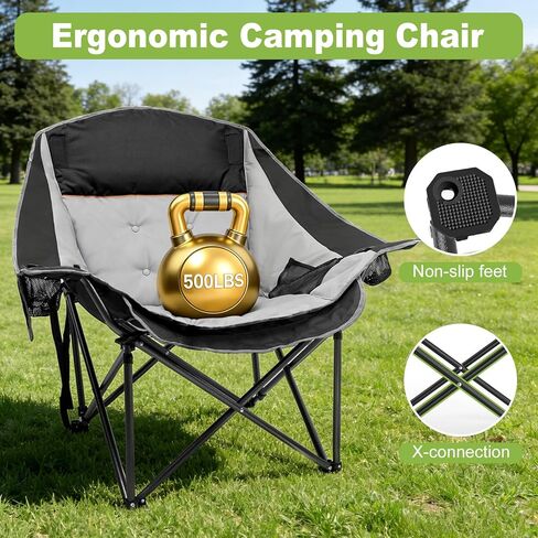 Slendor Oversized Camping Chair, 500 LBS Heavy Duty Support, Portable Padded Outdoor Folding Chairs, with Cup Holder & Carry Bag, for Lawn, Beach, Hiking, Black & Gray in Saudi Arabia