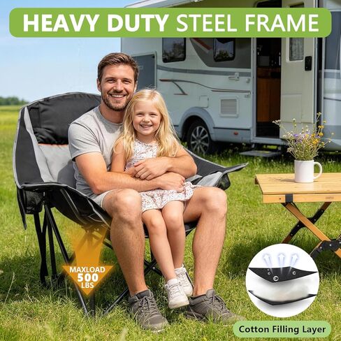 Slendor Oversized Camping Chair, 500 LBS Heavy Duty Support, Portable Padded Outdoor Folding Chairs, with Cup Holder & Carry Bag, for Lawn, Beach, Hiking, Black & Gray in Saudi Arabia
