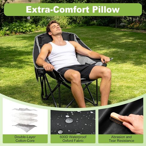 Slendor Oversized Camping Chair, 500 LBS Heavy Duty Support, Portable Padded Outdoor Folding Chairs, with Cup Holder & Carry Bag, for Lawn, Beach, Hiking, Black & Gray in Saudi Arabia