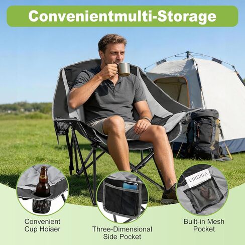 Slendor Oversized Camping Chair, 500 LBS Heavy Duty Support, Portable Padded Outdoor Folding Chairs, with Cup Holder & Carry Bag, for Lawn, Beach, Hiking, Black & Gray in Saudi Arabia