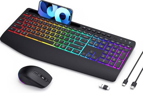 LIZRROT Wireless Keyboard and Mouse Combo - RGB Backlit, 2.4G 2200mAh Rechargeable, Ergonomic Rest, Phone Holder, Sleep Mode, Silent Full-Size Compuer Keyboards with Windows, Mac, PC, Laptop, Black in Saudi Arabia
