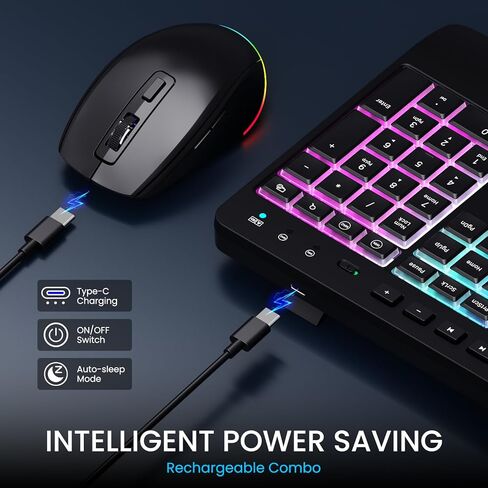 LIZRROT Wireless Keyboard and Mouse Combo - RGB Backlit, 2.4G 2200mAh Rechargeable, Ergonomic Rest, Phone Holder, Sleep Mode, Silent Full-Size Compuer Keyboards with Windows, Mac, PC, Laptop, Black in Saudi Arabia