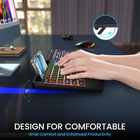 LIZRROT Wireless Keyboard and Mouse Combo - RGB Backlit, 2.4G 2200mAh Rechargeable, Ergonomic Rest, Phone Holder, Sleep Mode, Silent Full-Size Compuer Keyboards with Windows, Mac, PC, Laptop, Black in Saudi Arabia