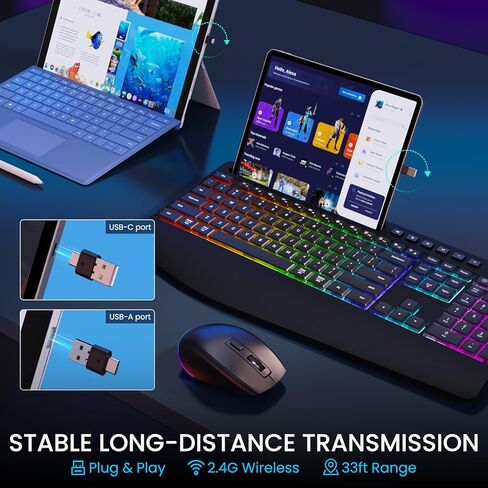 LIZRROT Wireless Keyboard and Mouse Combo - RGB Backlit, 2.4G 2200mAh Rechargeable, Ergonomic Rest, Phone Holder, Sleep Mode, Silent Full-Size Compuer Keyboards with Windows, Mac, PC, Laptop, Black in Saudi Arabia