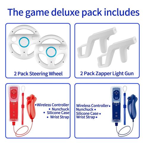 مجموعة وحدات تحكم Wii Motion Plus - قطعتان من وحدات التحكم عن بعد مع Nunchuk (أحمر + أزرق غامق)، مجموعة لاعبين، متوافقة مع Nintendo Wii/Wii U، تتضمن عجلتي قيادة بيضاء + 2 مسدسات Zapper الخفيفة، ملحقات الألعاب المنزلية in Kuwait