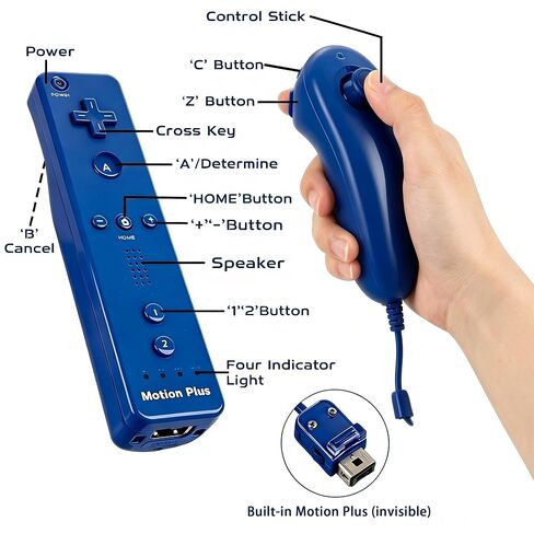 مجموعة وحدات تحكم Wii Motion Plus - قطعتان من وحدات التحكم عن بعد مع Nunchuk (أحمر + أزرق غامق)، مجموعة لاعبين، متوافقة مع Nintendo Wii/Wii U، تتضمن عجلتي قيادة بيضاء + 2 مسدسات Zapper الخفيفة، ملحقات الألعاب المنزلية in Kuwait
