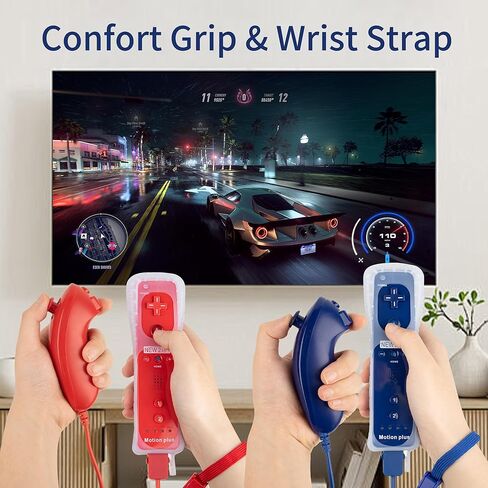 مجموعة وحدات تحكم Wii Motion Plus - قطعتان من وحدات التحكم عن بعد مع Nunchuk (أحمر + أزرق غامق)، مجموعة لاعبين، متوافقة مع Nintendo Wii/Wii U، تتضمن عجلتي قيادة بيضاء + 2 مسدسات Zapper الخفيفة، ملحقات الألعاب المنزلية in Kuwait