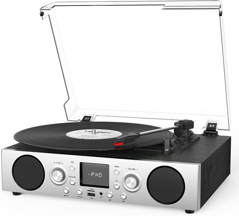 Record Player with Built-in Speakers, Belt-Driven Turntable with FM Radio & Bluetooth Receiver, 3-Speed Vinyl Player with USB Recording, RCA Line Out, AUX in & Auto Stop, Silver Black in Saudi Arabia