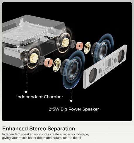 Record Player with Built-in Speakers, Belt-Driven Turntable with FM Radio & Bluetooth Receiver, 3-Speed Vinyl Player with USB Recording, RCA Line Out, AUX in & Auto Stop, Silver Black in Saudi Arabia