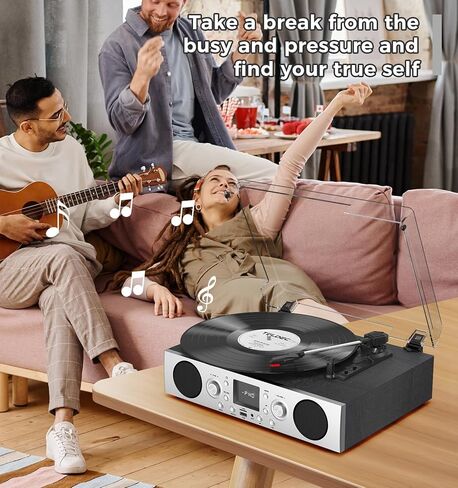 Record Player with Built-in Speakers, Belt-Driven Turntable with FM Radio & Bluetooth Receiver, 3-Speed Vinyl Player with USB Recording, RCA Line Out, AUX in & Auto Stop, Silver Black in Saudi Arabia