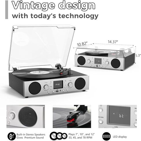 Record Player with Built-in Speakers, Belt-Driven Turntable with FM Radio & Bluetooth Receiver, 3-Speed Vinyl Player with USB Recording, RCA Line Out, AUX in & Auto Stop, Silver Black in Saudi Arabia