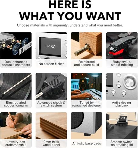 Record Player with Built-in Speakers, Belt-Driven Turntable with FM Radio & Bluetooth Receiver, 3-Speed Vinyl Player with USB Recording, RCA Line Out, AUX in & Auto Stop, Silver Black in Saudi Arabia