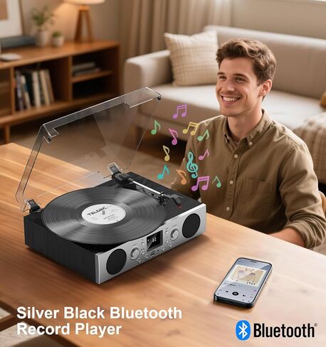 Record Player with Built-in Speakers, Belt-Driven Turntable with FM Radio & Bluetooth Receiver, 3-Speed Vinyl Player with USB Recording, RCA Line Out, AUX in & Auto Stop, Silver Black in Saudi Arabia