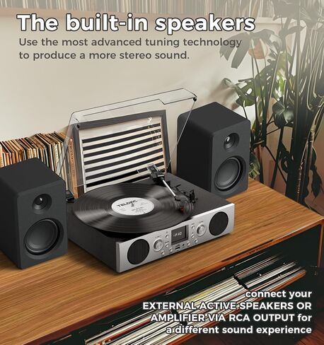 Record Player with Built-in Speakers, Belt-Driven Turntable with FM Radio & Bluetooth Receiver, 3-Speed Vinyl Player with USB Recording, RCA Line Out, AUX in & Auto Stop, Silver Black in Saudi Arabia