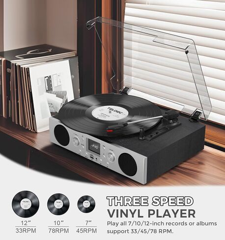 Record Player with Built-in Speakers, Belt-Driven Turntable with FM Radio & Bluetooth Receiver, 3-Speed Vinyl Player with USB Recording, RCA Line Out, AUX in & Auto Stop, Silver Black in Saudi Arabia