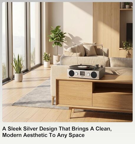 Record Player with Built-in Speakers, Belt-Driven Turntable with FM Radio & Bluetooth Receiver, 3-Speed Vinyl Player with USB Recording, RCA Line Out, AUX in & Auto Stop, Silver Black in Saudi Arabia