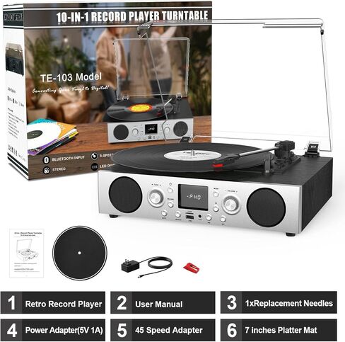 Record Player with Built-in Speakers, Belt-Driven Turntable with FM Radio & Bluetooth Receiver, 3-Speed Vinyl Player with USB Recording, RCA Line Out, AUX in & Auto Stop, Silver Black in Saudi Arabia