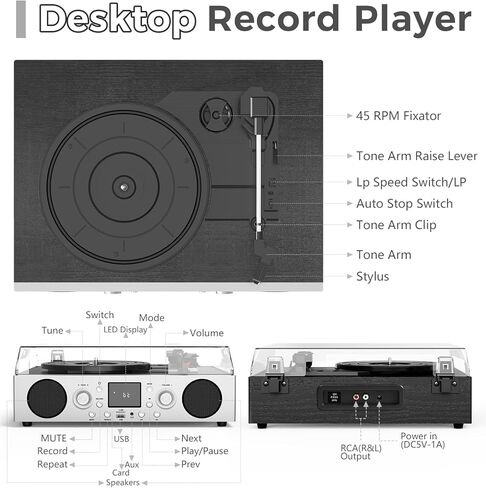 Record Player with Built-in Speakers, Belt-Driven Turntable with FM Radio & Bluetooth Receiver, 3-Speed Vinyl Player with USB Recording, RCA Line Out, AUX in & Auto Stop, Silver Black in Saudi Arabia
