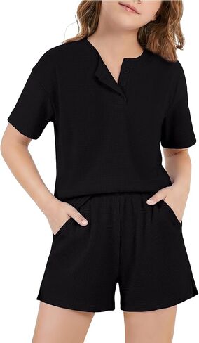 WESIDOM Girls Clothes 2 Piece Outfits 6-14Y Solid Textured Round Neck 3 Button Top+Shorts with Pockets in Saudi Arabia