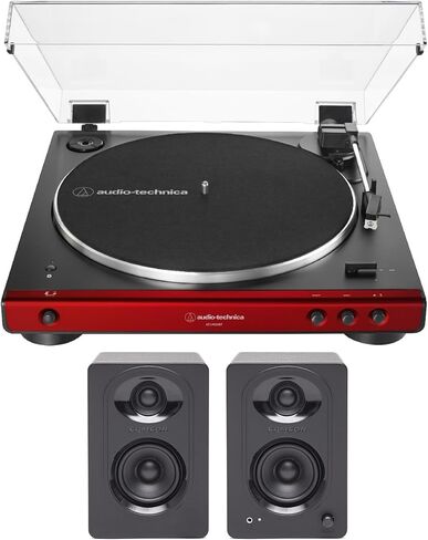 قرص دوار ستيريو أوتوماتيكي بالكامل يعمل بالحزام من Audio-Technica، هاي فاي، سرعتان، غطاء غبار، مضاد للرنين، طبق من الألومنيوم المصبوب (أحمر) مع مكبرات صوت على رف الكتب (عنصران) in Saudi Arabia