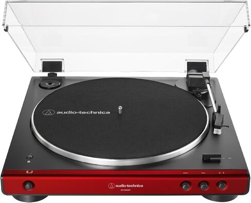 قرص دوار ستيريو أوتوماتيكي بالكامل يعمل بالحزام من Audio-Technica، هاي فاي، سرعتان، غطاء غبار، مضاد للرنين، طبق من الألومنيوم المصبوب (أحمر) مع مكبرات صوت على رف الكتب (عنصران) in Saudi Arabia