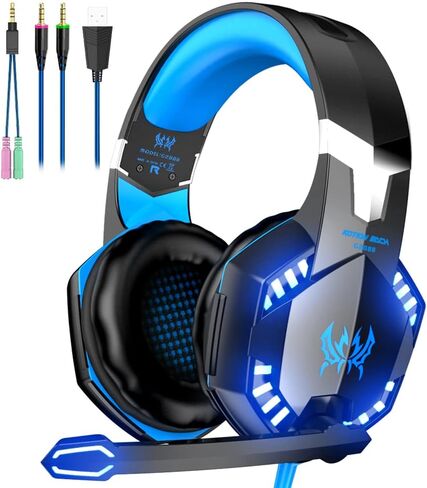 VersionTECH. G2000 Gaming Headset, Bass Surround Gaming Headphones with Noise Cancelling Mic, LED Lights, Soft Memory Earmuffs for PS5/ PS4/ Xbox One Controller/Laptop/PC/Mac/Nintendo NES Games-Blue in Saudi Arabia