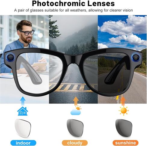 نظارات ذكية مع كاميرا وبلوتوث، نظارات كاميرا بدقة 8 ميجابكسل بدقة 4K مع علبة شحن، نظارات AI مع عدسات انتقالية، التحكم باللمس، مساعد الصوت والتسجيل والفيديو للرجال والنساء in Kuwait