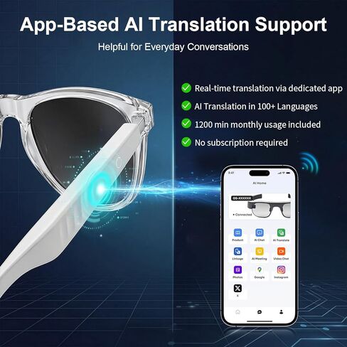 نظارات بلوتوث ذكية بتقنية الذكاء الاصطناعي، نظارات صوتية للموسيقى والمكالمات، ترجمة الذكاء الاصطناعي القائمة على التطبيقات، مساعد صوتي، نظارات تقنية قابلة للارتداء خفيفة الوزن للرجال والنساء، نظارات شمسية ذكية بإطار شفاف للسفر/التنقل in Kuwait