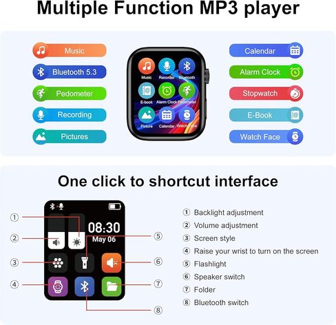 مشغل MP3 مع بلوتوث 5.3 - مشغل موسيقى SWOFY M2 بشاشة لمس 32 جيجابايت مع حزام قابل للفصل، مكبر صوت مدمج، شاشة IPS 1.91 بوصة، مشغلات MP3 رياضية محمولة للجري وصالة الألعاب الرياضية والأطفال والكبار - أسود in Kuwait