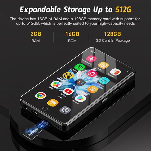 مشغل MP3 مقاس 4.02 بوصة مع شاشة IPS HD تعمل باللمس، ومشغل MP3 بسعة 144 جيجابايت مزود بواي فاي وبلوتوث، ومشغل MP4 مع مكبرات صوت، ومشغل موسيقى للأطفال، ومشغل موسيقى Android محمل مسبقًا بـ Spotify، وDeezer، ومتجر Play in Kuwait