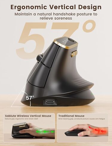 SABLUTE MAM4 Ergonomic Vertical Mouse for M/L Hands, 8K DPI, Ultra-Fast Scrolling, 6 Programmable Buttons, Tri-Mode Wireless Rechargeable Mouse, 800mAh Built-in Battery, for PC/Mac/Laptop, Black in Saudi Arabia