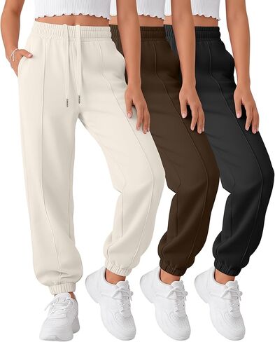 3 Pack Girl's Sweatpants Joggers Athletic Pants Baggy Drawstring Elastic Waist Pants with Front Seam and Pockets in Saudi Arabia