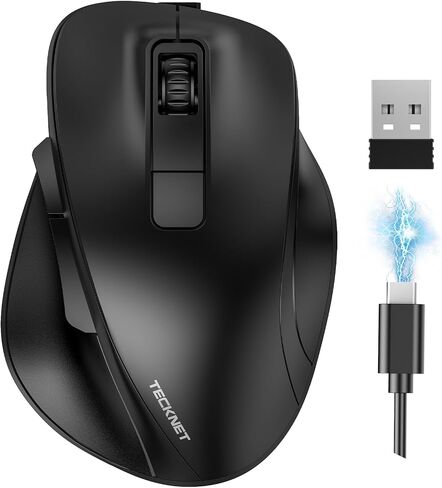 TECKNET ماوس لاسلكي، ماوس بلوتوث (BT5.0/3.0 و2.4G) ماوس صامت قابل لإعادة الشحن 4800 نقطة في البوصة، فئران كمبيوتر مع مستقبل USB A، ماوس بصري لاسلكي مريح لأجهزة الكمبيوتر المحمول/Mac/PC، أسود in Saudi Arabia