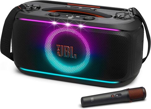 JBL PartyBox On-The-Go 2 - Portable Party Speaker with one Wireless Digital mic, Handle and a Shoulder Strap, Dynamic lightshow, Up to 15 Hours Playtime, Splash Proof & Auracast™ (Black) in Saudi Arabia