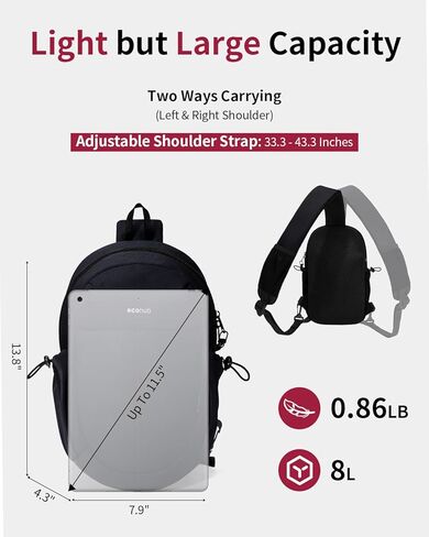 ECOHUB Crossbody Bags for Men with RFID Anti-Theft Lightweight Travel Hiking Sling Backpack Small Sports Shoulder Bag, Black in Kuwait