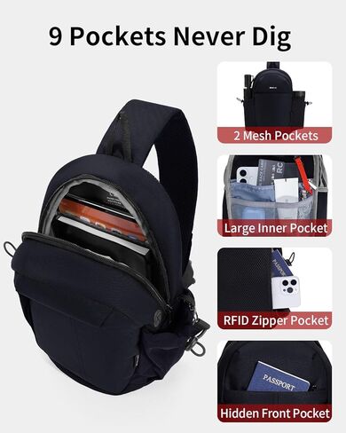 ECOHUB Crossbody Bags for Men with RFID Anti-Theft Lightweight Travel Hiking Sling Backpack Small Sports Shoulder Bag, Black in Kuwait