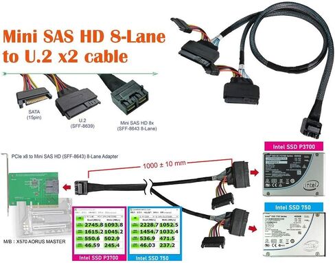 كابلات Micro SATA|Mini SAS HD 8X to U.2 (SFF-8639) x 2 كابل، 100 سم، in Saudi Arabia