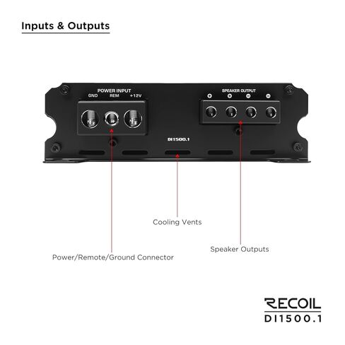RECOIL DI1500.1 Class D Car Audio Mono Block Subwoofer Amplifier 3000 Watt Max Power 2/4 Ohm Stable Mosfet Power Supply تتضمن مقبض باس عن بعد in Saudi Arabia