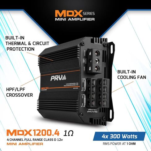 PRV Audio MDX1200.4 1 Ohm Mini 4 Channel Car Audio Amplifier 4 x 300 Watts RMS at 1 Ohm - 1200 Watt 12 Volts Bridgeable Amp for Powersports, Motorcycles, ATV, for High Power Stereo Speaker Systems in Saudi Arabia
