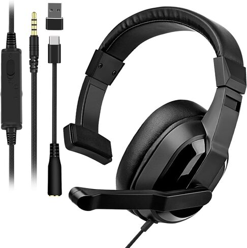 Joso Wired One Ear Headset with Mic, Single Ear Headset for PS5/PS4/Xbox/Switch/PC/iPad/Mac & Tablet with 3.5mm to Type C & USB-A Adapter - Chat Headphone, Office Business, Coach, Gaming, Remote Work in Saudi Arabia
