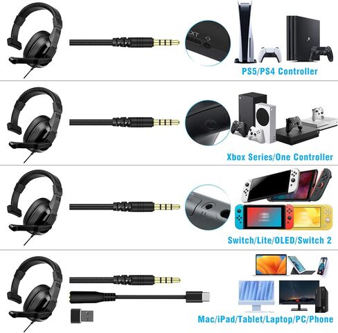 Joso Wired One Ear Headset with Mic, Single Ear Headset for PS5/PS4/Xbox/Switch/PC/iPad/Mac & Tablet with 3.5mm to Type C & USB-A Adapter - Chat Headphone, Office Business, Coach, Gaming, Remote Work in Saudi Arabia