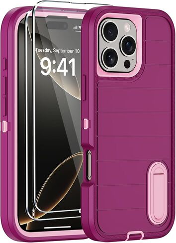 حافظة لهاتف iPhone 16 Pro Max مع واقي شاشة، مسند مدمج غير مرئي، حماية شديدة التحمل ضد الصدمات والسقوط من الدرجة العسكرية غطاء هاتف خلوي متين ثلاثي الطبقات لهاتف Apple 16 Pro Max 6.9 بوصة (أسود) in Kuwait