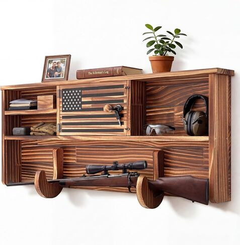 Leinuosen Wood Wall Mount Hunting Gear Rack with Lock, Horizontal Display USA Flag Hunting Accessories Holder, for Wall Hanging Shotgun Gun, Secure Storage Hanger in Saudi Arabia