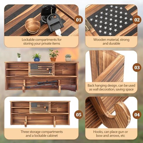 Leinuosen Wood Wall Mount Hunting Gear Rack with Lock, Horizontal Display USA Flag Hunting Accessories Holder, for Wall Hanging Shotgun Gun, Secure Storage Hanger in Saudi Arabia