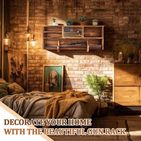 Leinuosen Wood Wall Mount Hunting Gear Rack with Lock, Horizontal Display USA Flag Hunting Accessories Holder, for Wall Hanging Shotgun Gun, Secure Storage Hanger in Saudi Arabia