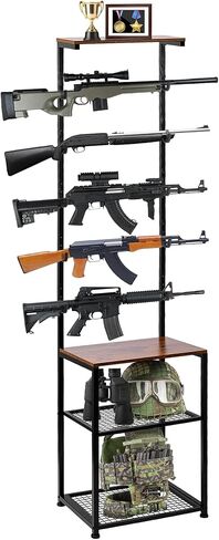Gun Rack for 5 Rifles - Indoor Gun Rack for Wall Mount, Heavy Duty Stand Rifle Storage Organizer with 2 Bottom Storage Compartments for Ammo Boxes, Tactical Helmets & Accessories in Saudi Arabia