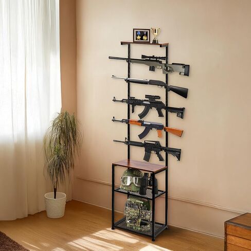 Gun Rack for 5 Rifles - Indoor Gun Rack for Wall Mount, Heavy Duty Stand Rifle Storage Organizer with 2 Bottom Storage Compartments for Ammo Boxes, Tactical Helmets & Accessories in Saudi Arabia