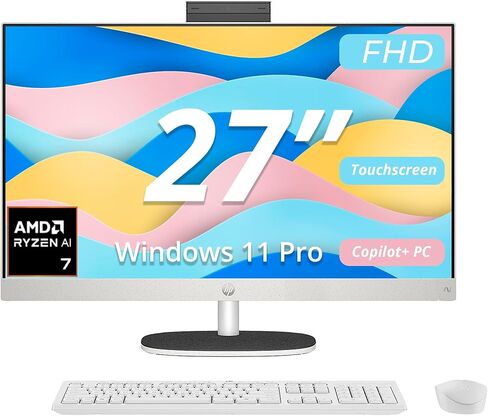 HP 27" All-in-One Touchscreen Desktop, AMD Ryzen AI 7 350 (8-Core, 50 NPU Tops), 32GB DDR5 RAM, 2TB SSD, AMD Radeon 860M Graphics, Windows 11 Pro, Wi-Fi 6, FHD IR Webcam, Shell White (2025 Model) in Saudi Arabia
