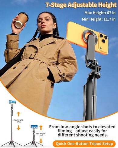 Magnetic Phone Tripod with Remote, 67" Selfie Stick Tripod for Vlogging, 11.7" Folded, 0.9 lb Portable Tripod Stand with Adjustable Angles and 1/4" Screw for Phone, Camera, Fill Light in Saudi Arabia