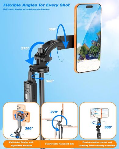 Magnetic Phone Tripod with Remote, 67" Selfie Stick Tripod for Vlogging, 11.7" Folded, 0.9 lb Portable Tripod Stand with Adjustable Angles and 1/4" Screw for Phone, Camera, Fill Light in Saudi Arabia